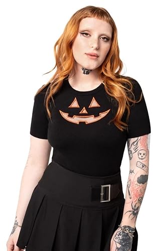 Hell Bunny Jack-O-Lantern Top Gothic-Halloween-Strick-T-Shirt mit Kürbisausschnitt, Schwarz, XL Hell Bunny Jack-O-Lantern Top Gothic-Halloween-Strick-T-Shirt mit Kürbisausschnitt, Schwarz, XL von Hell Bunny