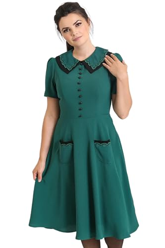 Hell Bunny Kleid Emily Dress Grün Retro Vintage Dress Rockabilly Scallop Kragen, Größe:S von Hell Bunny