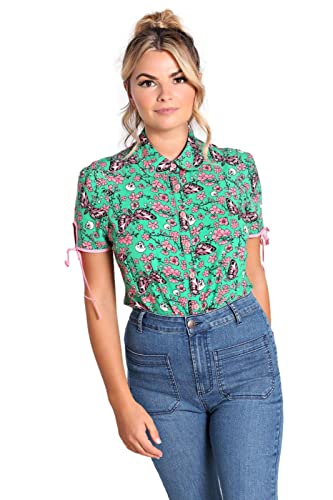 Hell Bunny Madilynn Blumenschädel Motte Bluse Retro Gotisch Niedlich, Grün, S von Hell Bunny