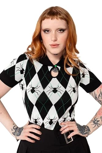Hell Bunny Natasha Top Gestricktes Gothic Spider Argyle Print Pullover T-Shirt, Schwarz & Weiß, XL von Hell Bunny