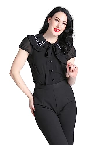 Hell Bunny Stickerei Bluse Rüschenkragen Rockabilly 1940er Retro, Schwarz, M von Hell Bunny