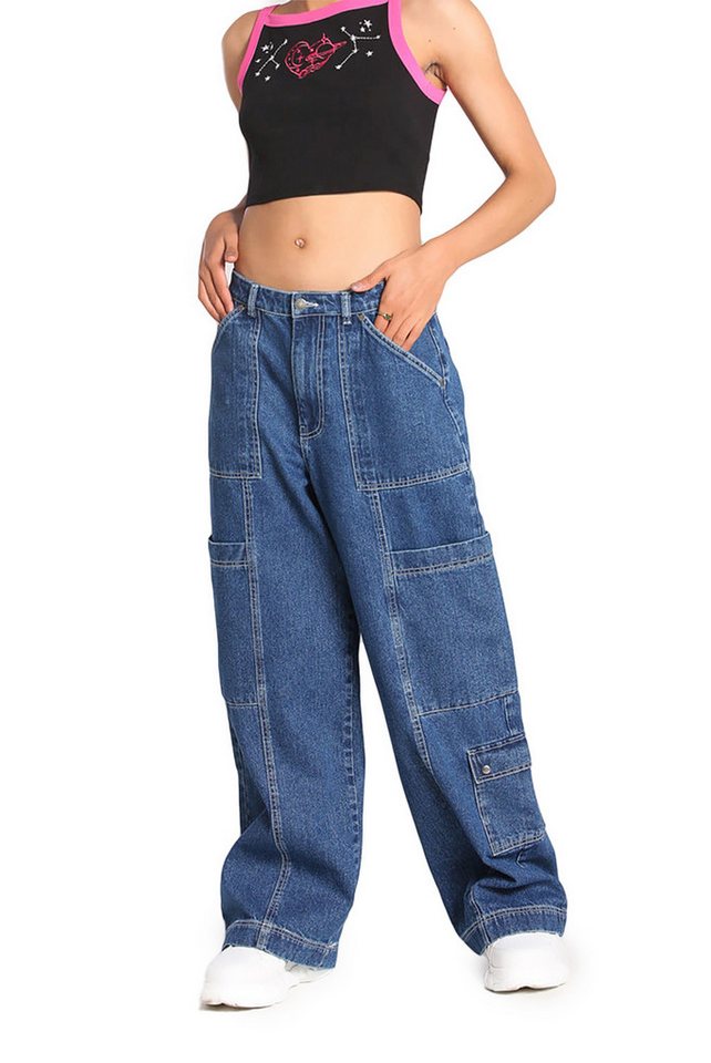 Hell Bunny Stoffhose Reese Blau Jeans Denim Baggy Oversized Cargo von Hell Bunny
