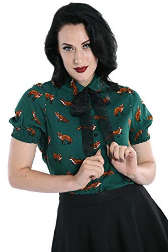 Hell Bunny Vixey Fuchs Retro Vintage 1950er Jahre Bluse Oberteil - Grün (M) von Hell Bunny