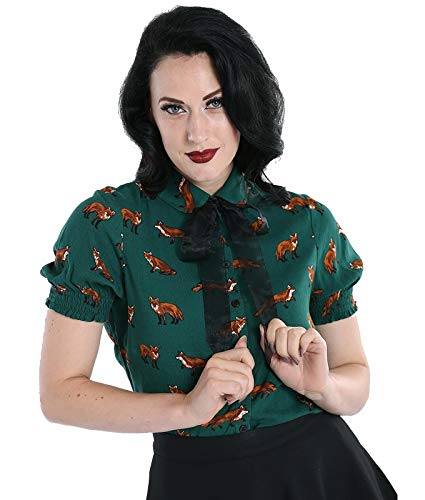 Hell Bunny Vixey Fuchs Retro Vintage 1950er Jahre Bluse Oberteil - Grün (XS) von Hell Bunny