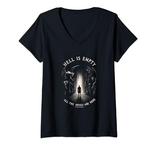 Damen Hell is Empty, All the Demons Are Here - Shakespeare-Zitat T-Shirt mit V-Ausschnitt Damen Hell is Empty, All the Demons Are Here - Shakespeare-Zitat T-Shirt mit V-Ausschnitt von Hell is Empty, All the Demons Are Here