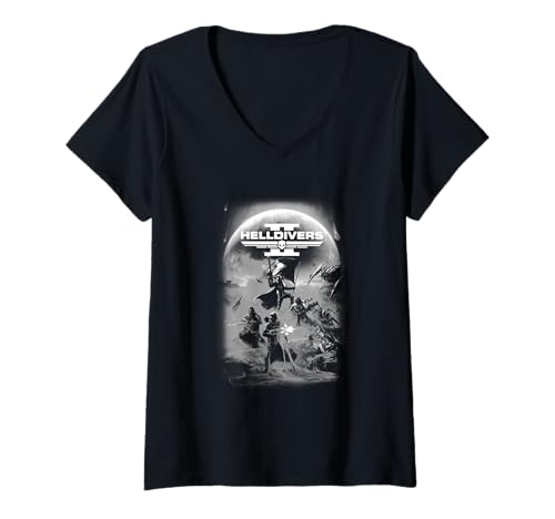 Damen Helldivers 2 Graustufen-Sony-PlayStation-Videospiel-Poster T-Shirt mit V-Ausschnitt von Helldivers 2