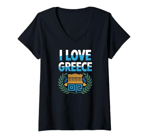 Damen I Love Greece Parthenon Olivenkranz T-Shirt mit V-Ausschnitt Damen I Love Greece Parthenon Olivenkranz T-Shirt mit V-Ausschnitt von Hellenic Heritage Pride Greek Icons