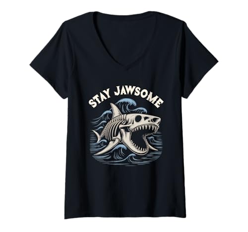 Damen Süßer Hai Stay Jawsome Jaw Bereit dafür My De Los Muertos T-Shirt mit V-Ausschnitt Damen Süßer Hai Stay Jawsome Jaw Bereit dafür My De Los Muertos T-Shirt mit V-Ausschnitt von Hello 1st 2nd 3rd 4th Grade Day of Dead Ocean Art
