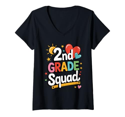 Damen Familienmatching für das Team des Klassenlehrerteams vom Schulanfang der 2. Klasse T-Shirt mit V-Ausschnitt Damen Familienmatching für das Team des Klassenlehrerteams vom Schulanfang der 2. Klasse T-Shirt mit V-Ausschnitt von Hello 2nd Grade Squad Funny First Day Of School