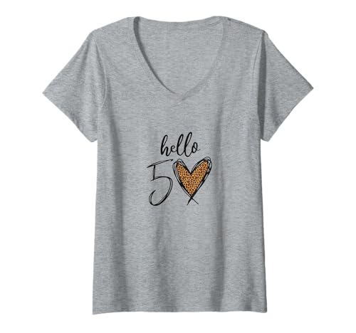 Damen Hello 50 Happy 50th Birthday, Geburtstagsgeschenk 50 Jahre Leopard T-Shirt mit V-Ausschnitt Damen Hello 50 Happy 50th Birthday, Geburtstagsgeschenk 50 Jahre Leopard T-Shirt mit V-Ausschnitt von Hello 50