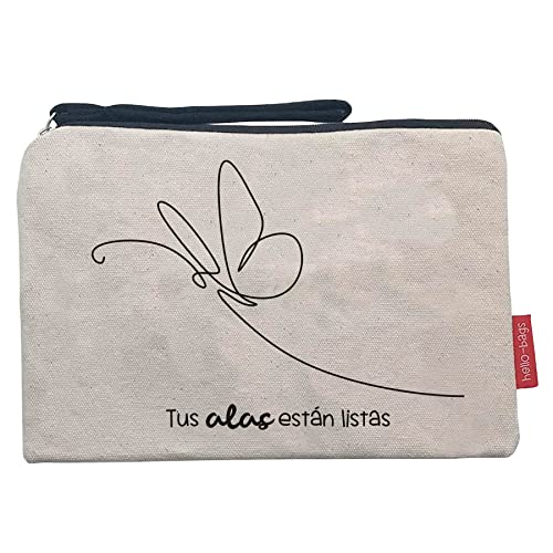 hello-bags. Make-up-Tasche/Wristlet-Handtasche. Außen: 100% Baumwolle. Inklusive Reißverschluss und Futter. Verpackt in einem Kraft Geschenkumschlag. „TUSALAS“. Farbe: Ekrü/Schwarz. 23 * 15,5 cm. von hello-bags