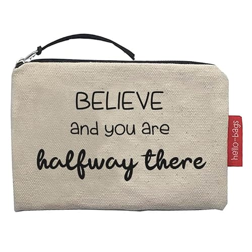 Hello-Bags. Geldbörse/kleine Tasche. Außen: 100% Baumwolle. Inkl. Reißverschluss und Futter. Verpackt in einem Kraft Geschenkumschlag. Modell: „Believe“. Farbe: Ekrü/Schwarz. 14 * 10 cm. von hello-bags