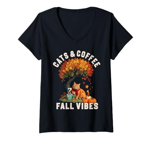 Damen Cats & Coffee Fall Vibes Cozy Autumn Pumpkin Spice Cat Lover T-Shirt mit V-Ausschnitt Damen Cats & Coffee Fall Vibes Cozy Autumn Pumpkin Spice Cat Lover T-Shirt mit V-Ausschnitt von Hello Fall Y'all Pumpkin Season Cute Cat Mom Dad