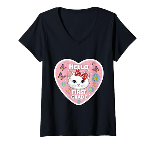 Damen Hello First Grade 1. Klasse Mädchen Kätzchen Katze Back to School T-Shirt mit V-Ausschnitt von Hello First Grade 1st Grader Girl Kitten Products