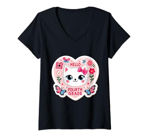 Damen Hallo Viertklässlerin, Viertklässlerin, Kätzchen, Katze, zurück zur Schule T-Shirt mit V-Ausschnitt von Hello Fourth Grade 4th Grader Girl Kitten Products