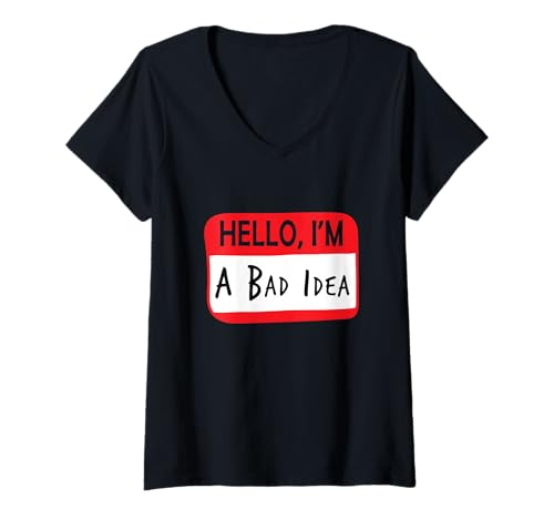 Damen Hello I'm a bad idea Meme Patch Name Badge Funny Pin Card T-Shirt mit V-Ausschnitt Damen Hello I'm a bad idea Meme Patch Name Badge Funny Pin Card T-Shirt mit V-Ausschnitt von Hello I’m a bad idea Tee