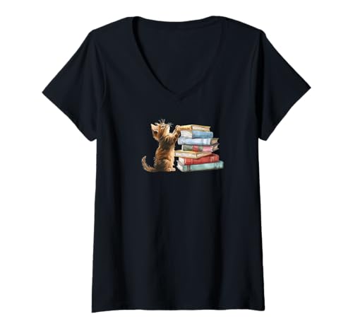 Damen Buch, Katzenliebhaber, Lesen, Bücher lesen T-Shirt mit V-Ausschnitt Damen Buch, Katzenliebhaber, Lesen, Bücher lesen T-Shirt mit V-Ausschnitt von Hello Kitty