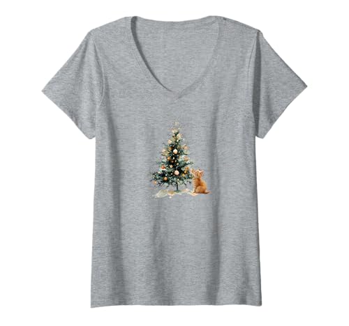 Damen Weihnachtsbaum, Katze, niedlich, Kätzchen T-Shirt mit V-Ausschnitt Damen Weihnachtsbaum, Katze, niedlich, Kätzchen T-Shirt mit V-Ausschnitt von Kitty