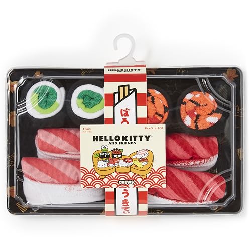 Hello Kitty Damen and Friends, Sushi-geschenkbox, 4 Stück Crew-Socken, Schwarz Sortiert, 42-44.5 EU von Hello Kitty