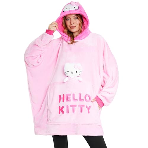 Hello Kitty Sanrio Kapuzenpullover Damen Teenager, Oversized Hoodie, Decke mit Ärmeln und Plüschbeilage Anime Geschenk (Rosa Hello Kitty) von Hello Kitty