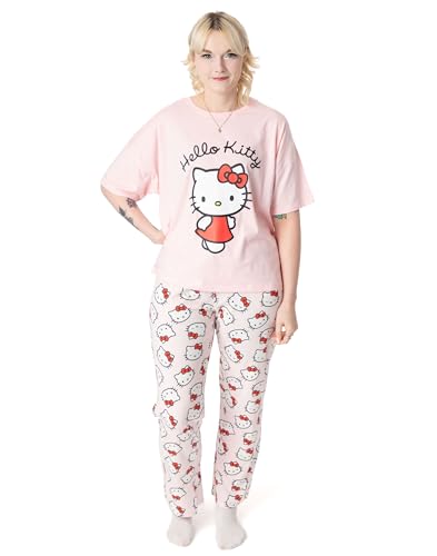 Hello Kitty Damen Pyjama-Set | Erwachsene Kitty White Graphic Kurzarm-Oberteil und langbeinige Pyjama-Hose in Rosa | Damen-Nachtwäsche mit süßem Kätzchen-Charakter von Hello Kitty