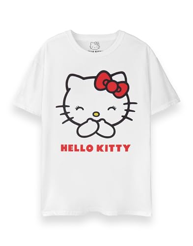 Hello Kitty Damen T-Shirt | Damen Classic Kitten Kurzarm-Grafik-T-Shirt in Weiß | Süßes, locker sitzendes Katzen-Bekleidungsoberteil | Sanrio Cartoon Spielzeug Freizeitkleidung Merchandise Geschenk von Hello Kitty