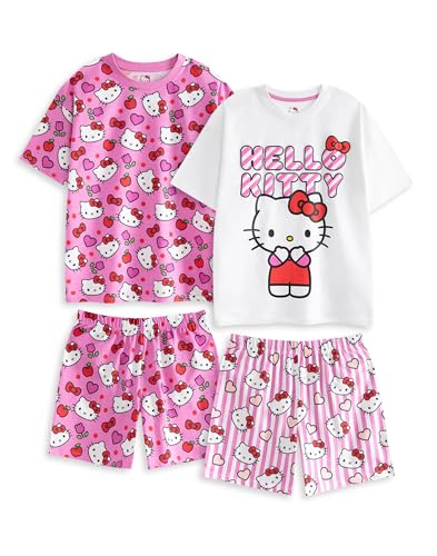 Hello Kitty Kitty Girls Rosa Kurzarm-Pyjama-Set mit kurzen Beinen | Mehrpack mit 2 Nachtwäsche im Herz- und Schleifen-Design | Cartoon-Bedruckte Loungewear für Kinder Merch – 5–6 Jahre von Hello Kitty