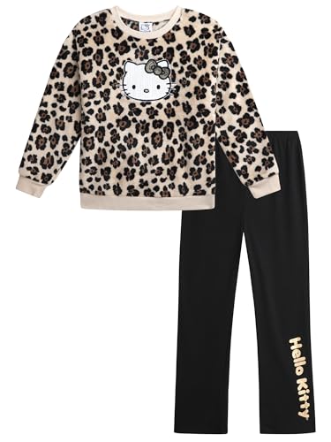 Hello Kitty Mädchen-Pullover-Set – 2-teiliges Outfit mit weichem Rundhalsausschnitt und Legging-Hosen Set für Mädchen (Größen 2T-12), Leopardenmuster / Schwarz, 8-10 von Hello Kitty