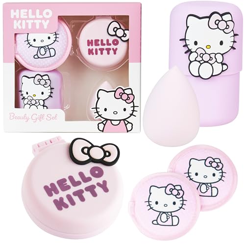 Hello Kitty Sanrio Beauty Set Mädchen, Mini Haarbürste mit Spiegel, Beauty Make Up Schwamm, Abschminkpads Waschbar, Geschenke für Kinder & Teenager von Hello Kitty