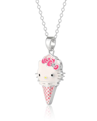 Hello Kitty Sanrio Damen-Halskette, 40,6 cm + 5,1 cm, offizielles Lizenzprodukt, Silber oder 18 kt Gold, 3D-Anhänger, Messing, Kristall von Hello Kitty