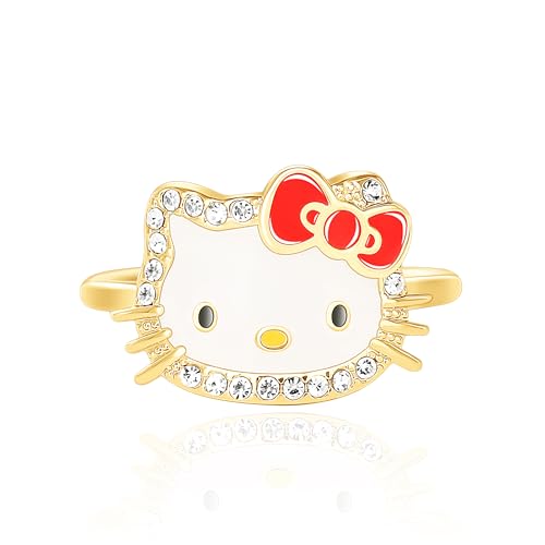 Hello Kitty Sanrio Damen-Ring Emaille und Kristall, Größe 7, 18 kt Gelbgold, offizielles Lizenzprodukt, Messing, Kristall, Messing, Kristall von Hello Kitty