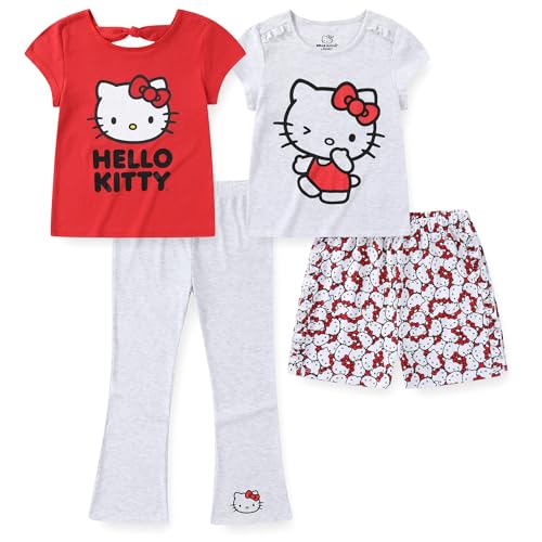 Hello Kitty Sanrio Mädchen 4er-Pack Mix and Match 2 Kurzarm-T-Shirts, kurze und ausgestellte Hosen Set für große Kinder, Grau/Rot, 7 von Hello Kitty