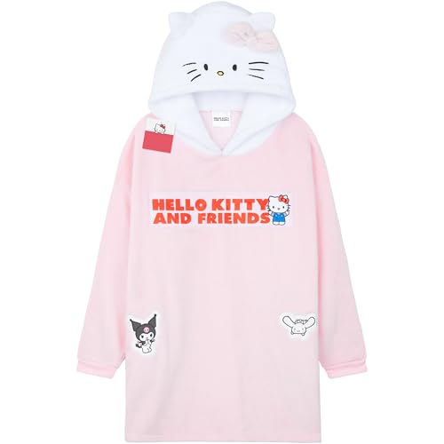 Hello Kitty Sanrio Oversized Hoodie Decke zum Anziehen mit Kapuze, Fleece Pullover Mädchen mit oder ohne Kissen Funktion (Rosa) von Hello Kitty