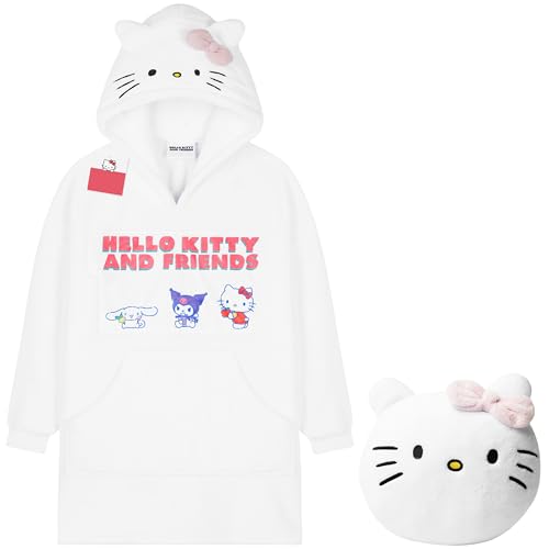 Hello Kitty Sanrio Oversized Hoodie Decke zum Anziehen mit Kapuze, Fleece Pullover Mädchen mit oder ohne Kissen Funktion (Weiß Kissen) von Hello Kitty