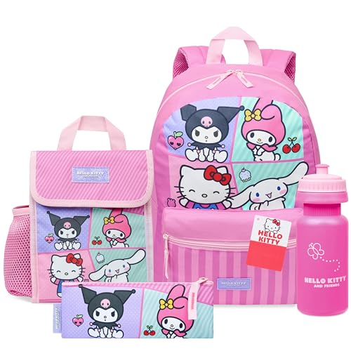 Hello Kitty Sanrio Rucksack Kinder Set 4 Teilig Kuromi Mädchen Kinderrucksack mit Trinkflasche Lunchtasche Federmäppchen von Hello Kitty