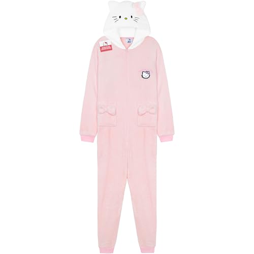 Hello Kitty Sanrio Schlafoverall Mädchen Teens, Schlafanzug Kinder mit Kapuze, Kuscheliger Overall Jumpsuit, Anime Geschenke (13-14 Jahre, Rosa Hello Kitty) von Hello Kitty