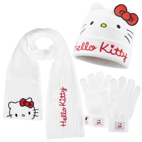 Hello Kitty Schal Mütze Handschuhe Set Kinder Mädchen, Winter Accessoires 3-Teiliges Set, Geschenke für Mädchen Teenager (Weißes Hello Kitty, 6–14 Jahre) von Hello Kitty