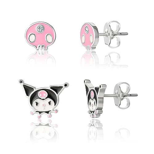 Sanrio Damen-Ohrring-Set, rosa Totenkopf und Kuromi, versilbert und emailliert, offizielles Lizenzprodukt, Messing, Kristall, 2 Paar, Messing, Kristall von Hello Kitty