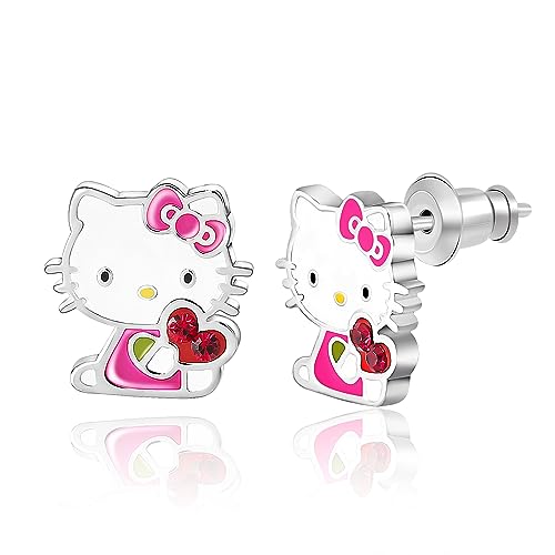 Sanrio Hello Kitty Womens Stud Earrings Officially Licensed - Silver-Plated Hello Kitty Earrings with Ruby Red Crystal Heart Sanrio Hello Kitty Womens Stud Earrings Officially Licensed - Silver-Plated Hello Kitty Earrings with Ruby Red Crystal Heart von Hello Kitty