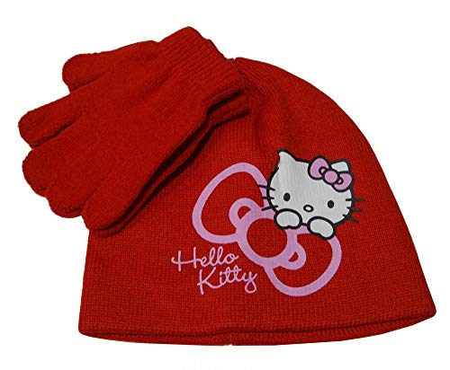 Set mit Mütze und Handschuhen für Kinder. Original mit Acryl- und Polyesteretiketten, sehr weich und warm, rot, L von Hello Kitty