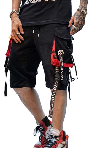 Hello MrLin Cargo-Shorts für Herren, Kordelzug, Sommer, Strand, Stretch, Hip-Hop, Jogginghose, taktische Hose, Outdoor-Shorts mit Taschen, schwarz/rot, Large von Hello MrLin