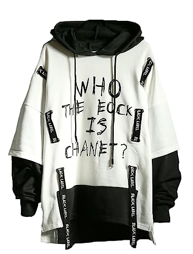 Hello MrLin Herren Hip Hop Kapuzenpullover Japanische Techwear Patchwork Streetwear Kontrastfarbe Pullover, weiß, XXXL von Hello MrLin