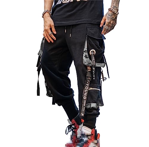 Hello MrLin Herren-Jogginghose, Punk, Cargohose, Baggy, Techwear, Hip-Hop, Haremshose, Streetwear, taktische Trainingshose, Schwarz / Grau, Groß von Hello MrLin