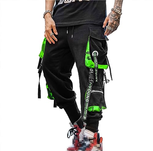 Hello MrLin Herren Jogger Hosen Punk Cargo Baggy Techwear Hip Hop Haremshose Streetwear Tactical Track Pants…, schwarz und grün, Groß von Hello MrLin