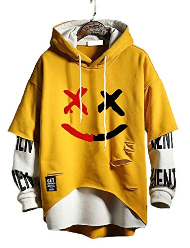 Hello MrLin Herren-Techwear, Hip-Hop-Hoodie, japanische Streetwear, Patchwork, Urban-Pullover, gelb, XXXL von Hello MrLin