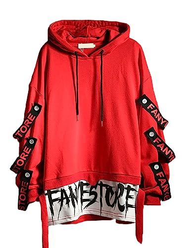 Hello MrLin Herren Techwear Japanischer Harajuku Kapuzenpullover Hip Hop Streetwear Urban Hoodie, Rot, S von Hello MrLin