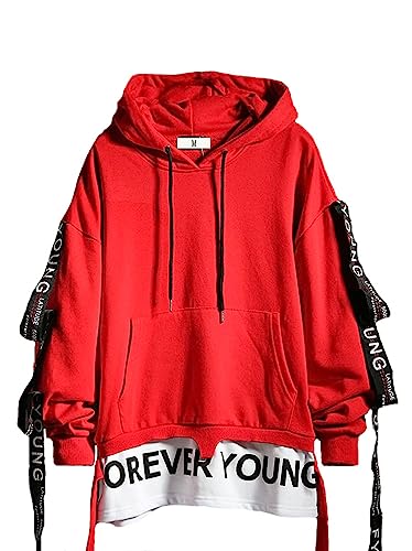 Hello MrLin Herren Techwear Streetwear Hip Hop Mode Hoodie Japanische Harajuku Outfits, rot, XL von Hello MrLin