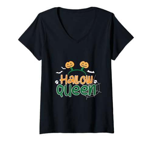 Damen Hello Queen Kürbis Halloween Herbst Kürbis Halloween Costu T-Shirt mit V-Ausschnitt Damen Hello Queen Kürbis Halloween Herbst Kürbis Halloween Costu T-Shirt mit V-Ausschnitt von Hello Queen