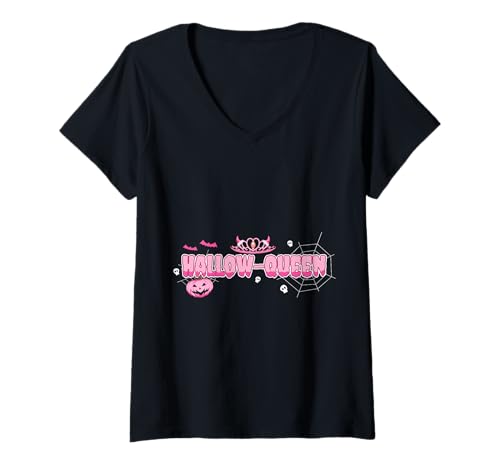 Damen Hello Queen Kürbis Halloween Herbst Kürbis Halloween Costu T-Shirt mit V-Ausschnitt Damen Hello Queen Kürbis Halloween Herbst Kürbis Halloween Costu T-Shirt mit V-Ausschnitt von Hello Queen