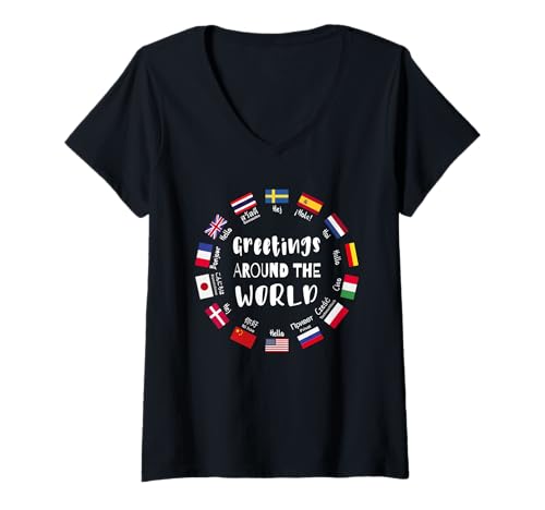 Damen Grüße rund um die Welt Reisen Sprachen Kultur T-Shirt mit V-Ausschnitt von Hello in all languages, international greetings